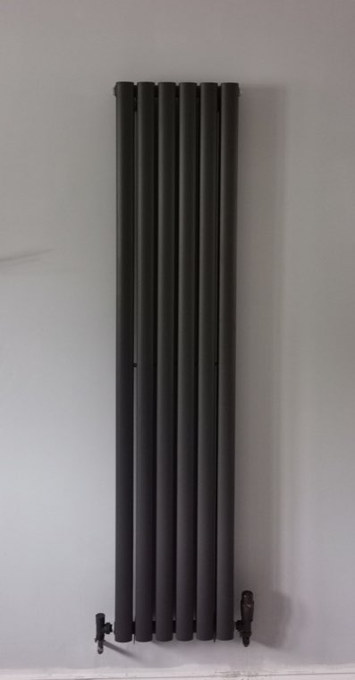 Anthracite vertical column radiator with chrome thermostatic valves